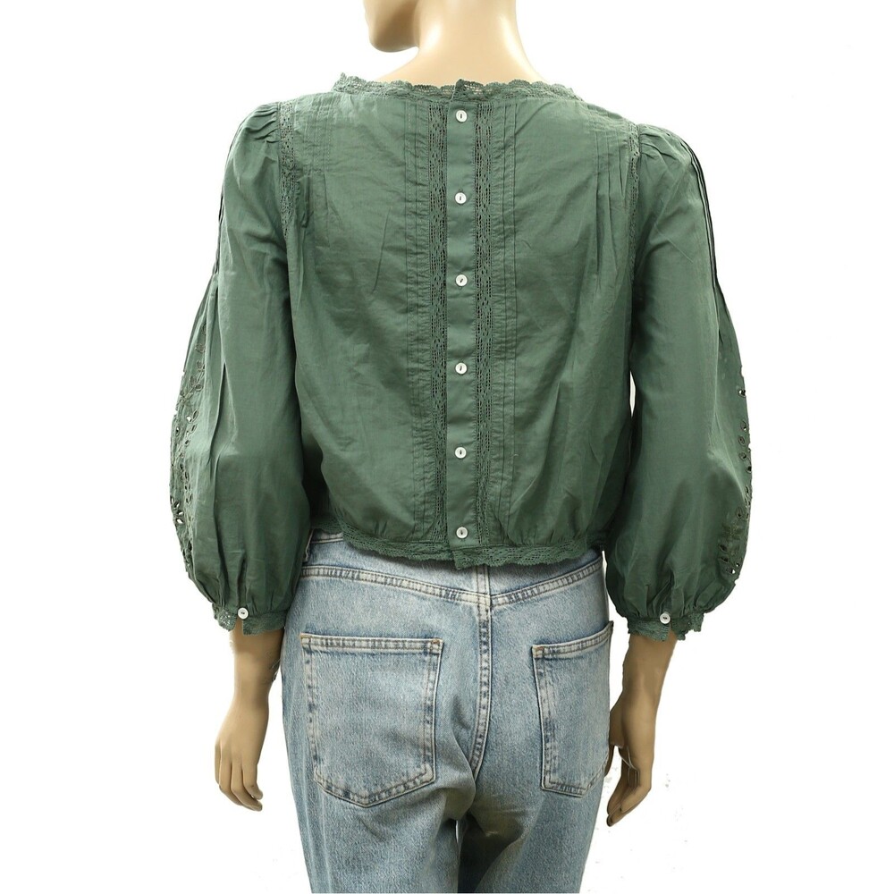 Sezane Enea Blouse Women's Top Eyelet Lace Embroidered Cotton Sage S-36 288882 - Picture 7 of 9